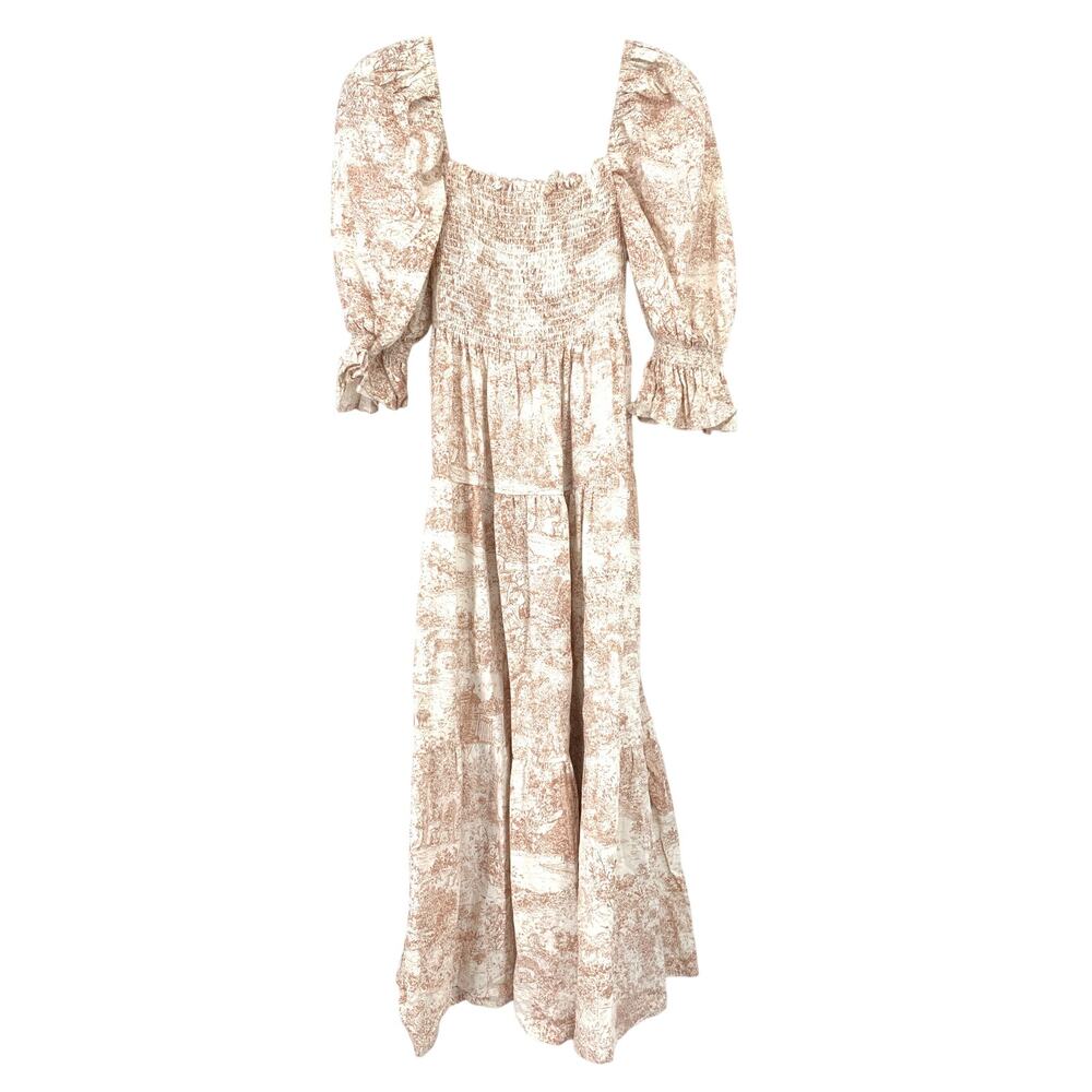 Nothing Fits But Kiko Midi Dress Womens Sz Large Pink Cream Toile Print Smocked